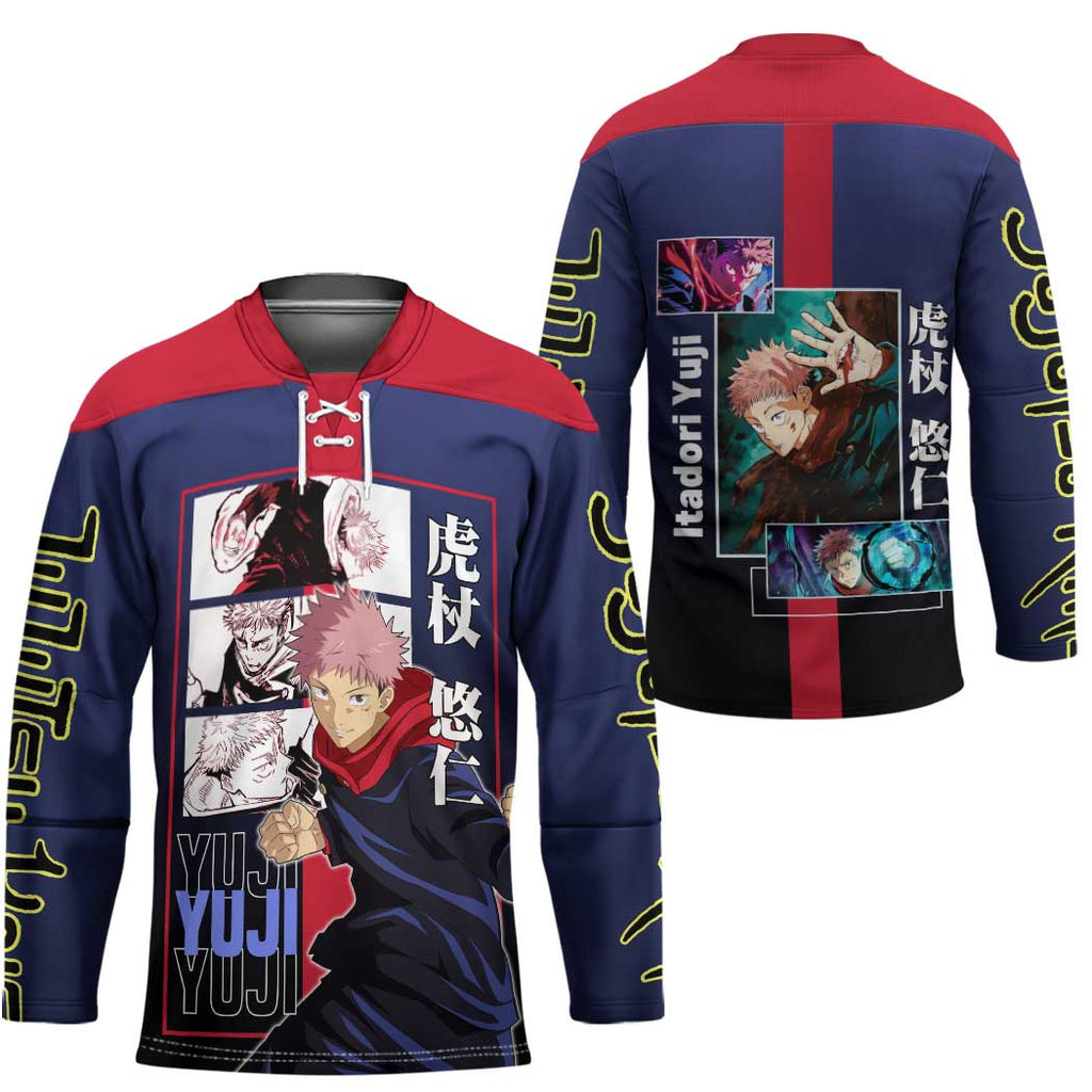 Yuji Itadori from Jujutsu Kaisen Hockey Jersey with Action Pose and Energetic Expressions Design - The Mazicc