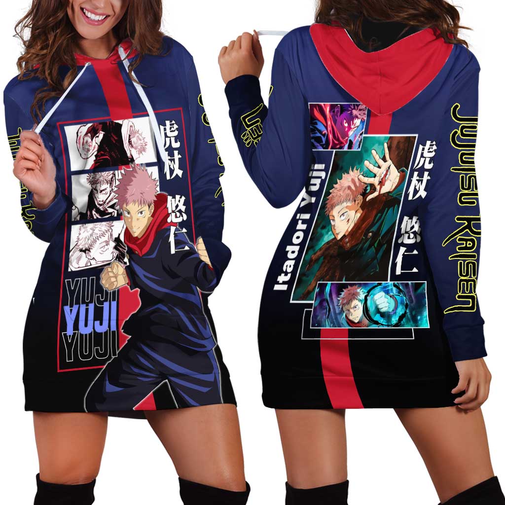 Yuji Itadori from Jujutsu Kaisen Hoodie Dress with Action Pose and Energetic Expressions Design - The Mazicc