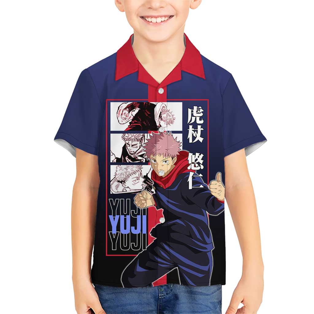 Yuji Itadori from Jujutsu Kaisen Kid Hawaiian Shirt with Action Pose and Energetic Expressions Design - The Mazicc