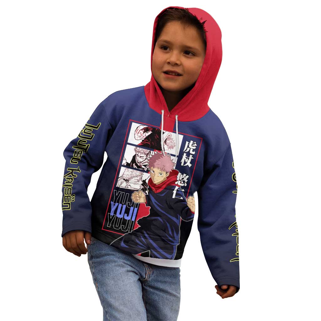 Yuji Itadori from Jujutsu Kaisen Kid Hoodie with Action Pose and Energetic Expressions Design - The Mazicc