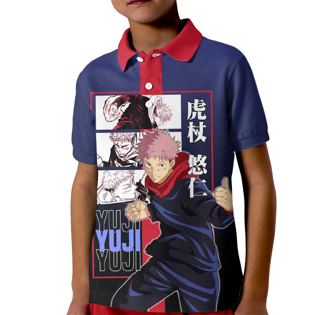 Yuji Itadori from Jujutsu Kaisen Kid Polo Shirt with Action Pose and Energetic Expressions Design - The Mazicc