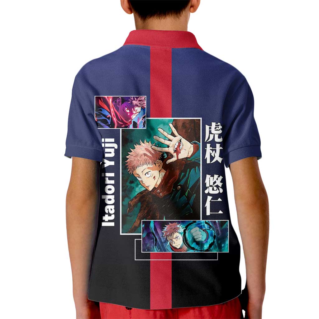 Yuji Itadori from Jujutsu Kaisen Kid Polo Shirt with Action Pose and Energetic Expressions Design - The Mazicc
