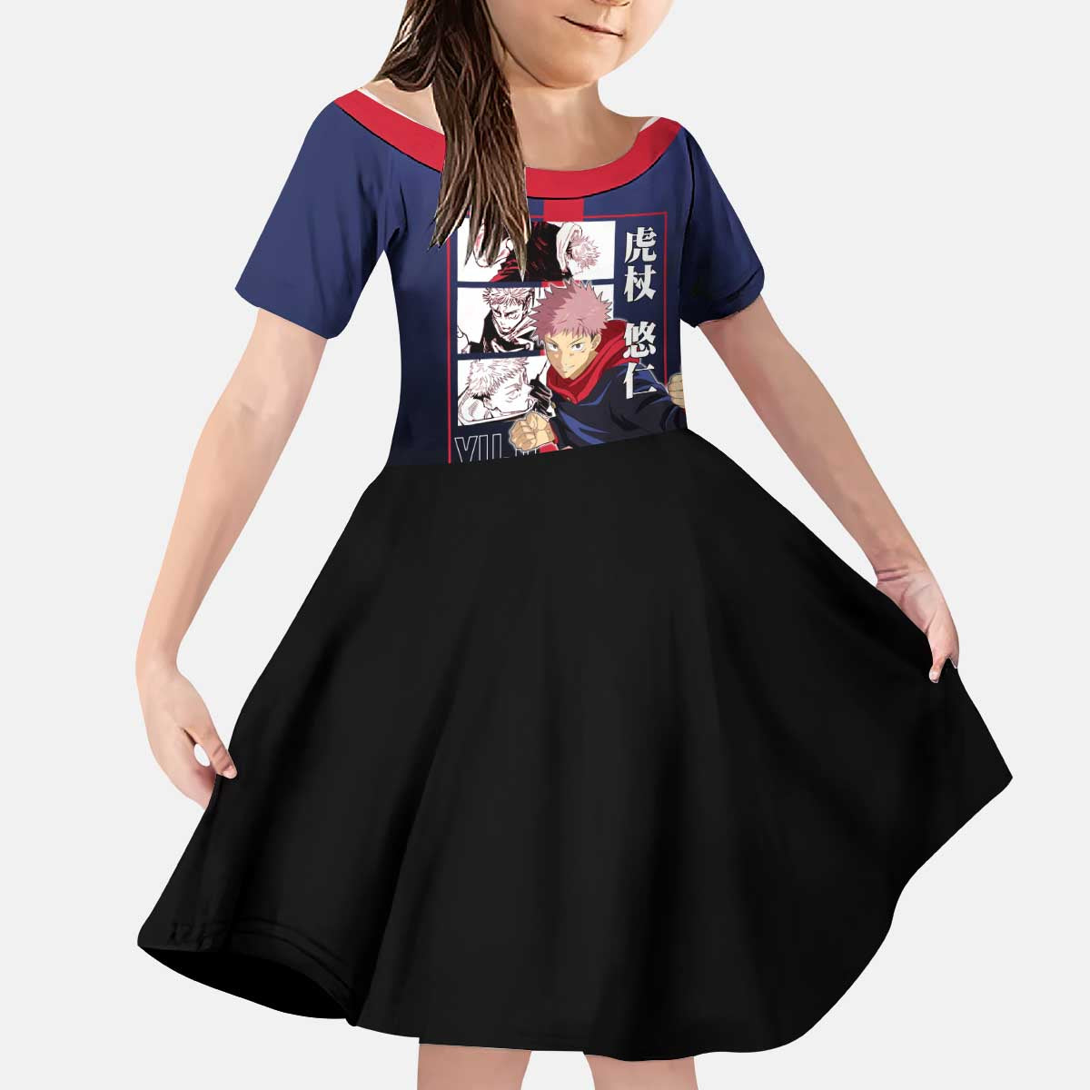 Yuji Itadori from Jujutsu Kaisen Kid Short Sleeve Dress with Action Pose and Energetic Expressions Design - The Mazicc