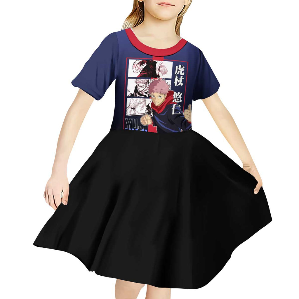 Yuji Itadori from Jujutsu Kaisen Kid Short Sleeve Dress with Action Pose and Energetic Expressions Design - The Mazicc