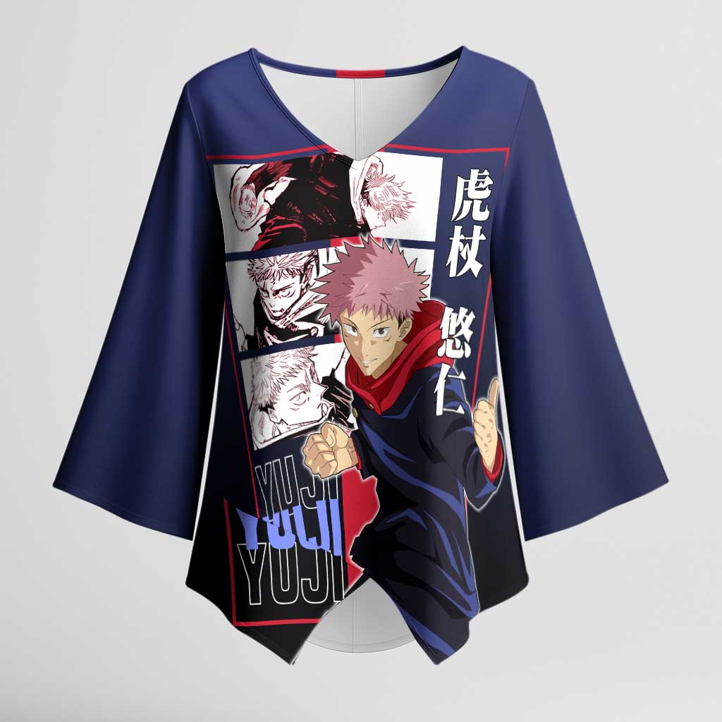Yuji Itadori from Jujutsu Kaisen Kimono Sleeve Blouse with Action Pose and Energetic Expressions Design - The Mazicc