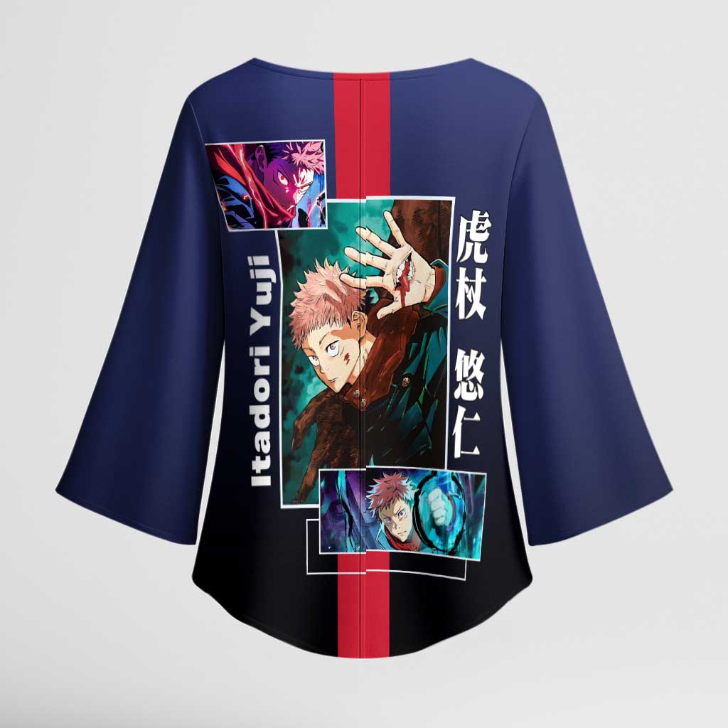 Yuji Itadori from Jujutsu Kaisen Kimono Sleeve Blouse with Action Pose and Energetic Expressions Design - The Mazicc
