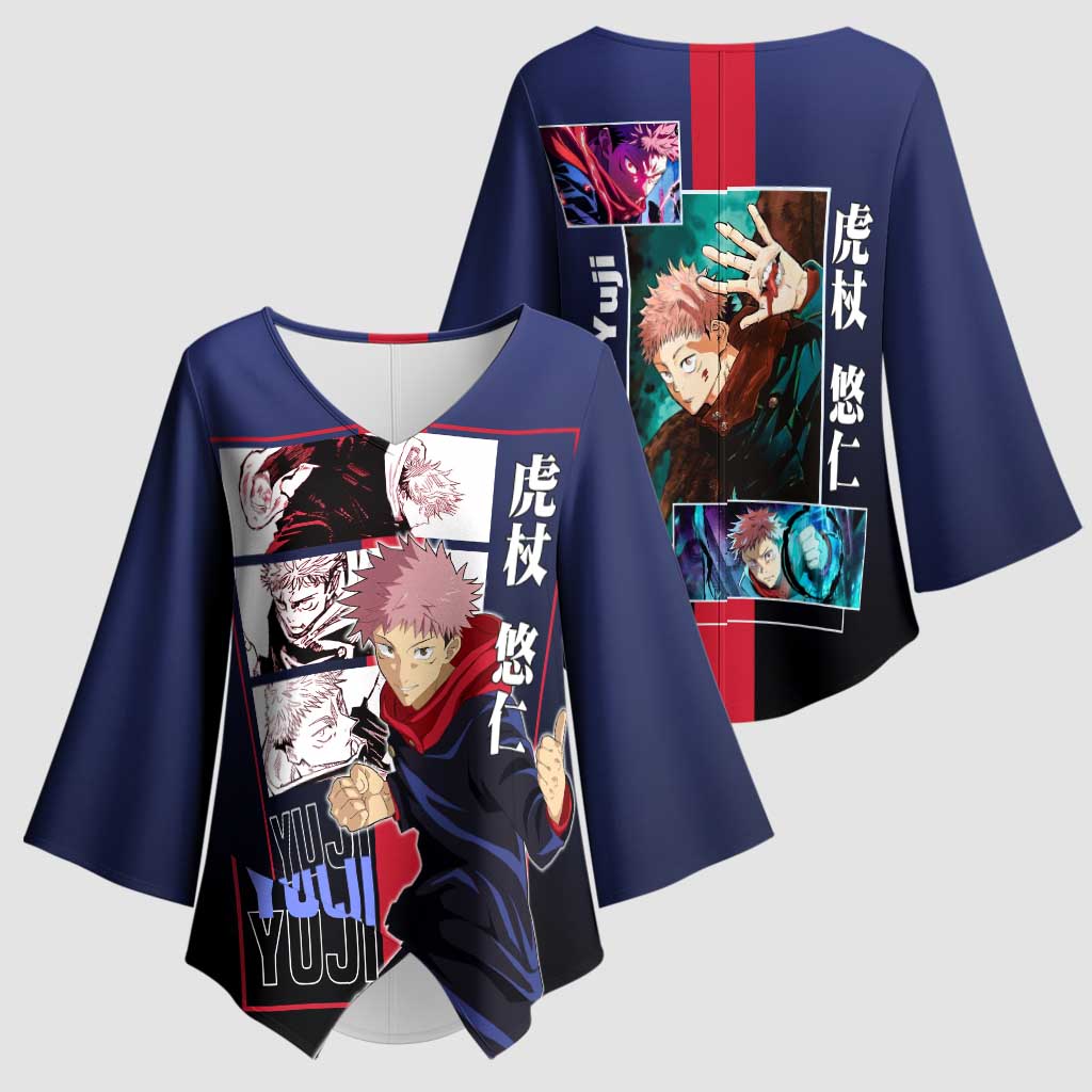 Yuji Itadori from Jujutsu Kaisen Kimono Sleeve Blouse with Action Pose and Energetic Expressions Design - The Mazicc