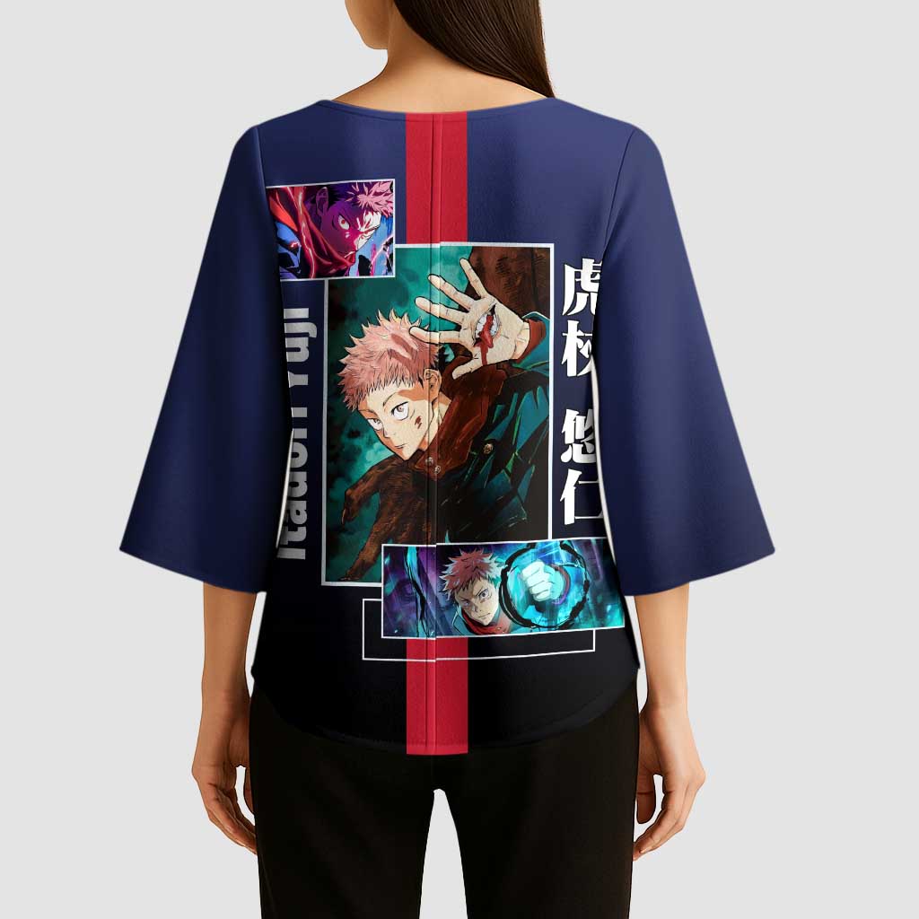 Yuji Itadori from Jujutsu Kaisen Kimono Sleeve Blouse with Action Pose and Energetic Expressions Design - The Mazicc