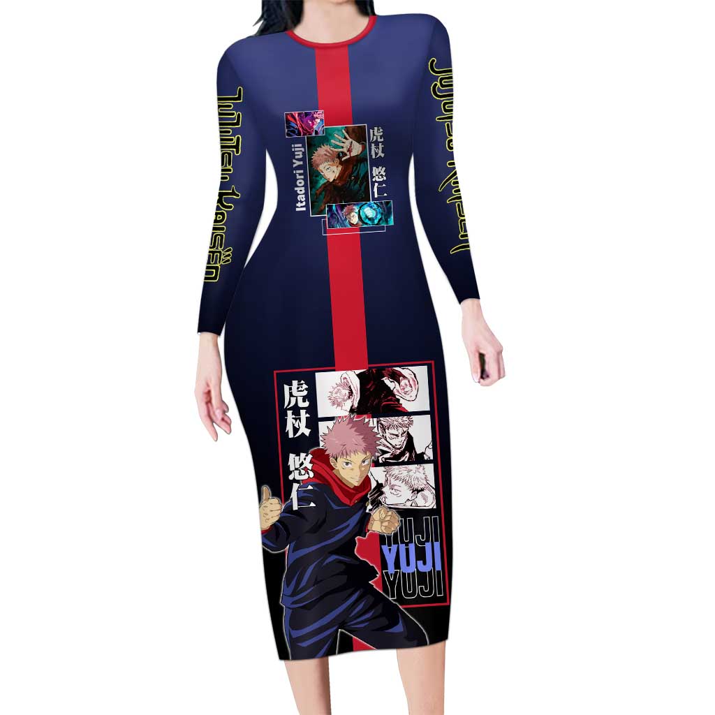 Yuji Itadori from Jujutsu Kaisen Long Sleeve Bodycon Dress with Action Pose and Energetic Expressions Design - The Mazicc