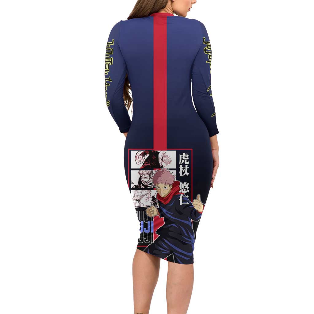 Yuji Itadori from Jujutsu Kaisen Long Sleeve Bodycon Dress with Action Pose and Energetic Expressions Design - The Mazicc