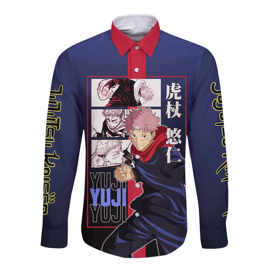 Yuji Itadori from Jujutsu Kaisen Long Sleeve Button Shirt with Action Pose and Energetic Expressions Design - The Mazicc