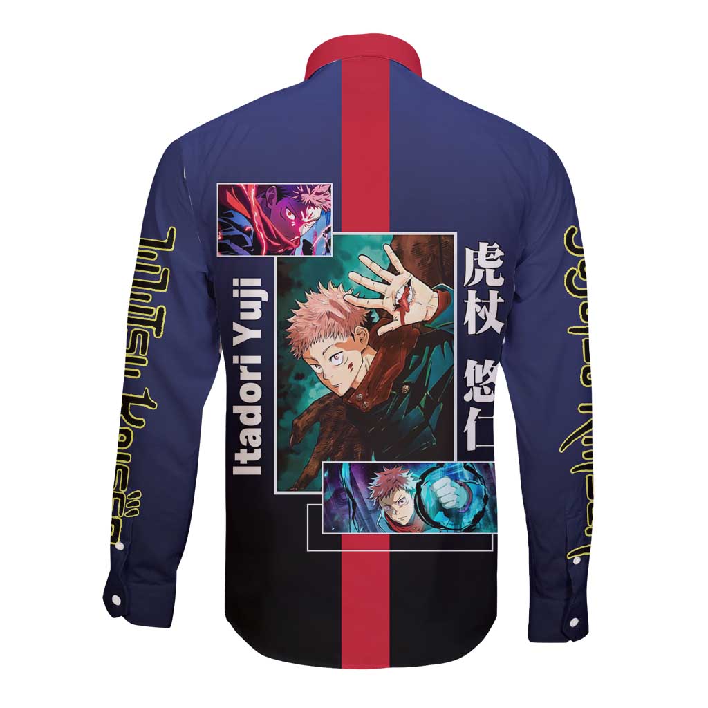 Yuji Itadori from Jujutsu Kaisen Long Sleeve Button Shirt with Action Pose and Energetic Expressions Design - The Mazicc