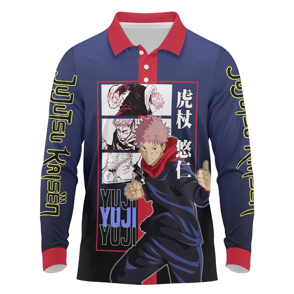 Yuji Itadori from Jujutsu Kaisen Long Sleeve Polo Shirt with Action Pose and Energetic Expressions Design - The Mazicc