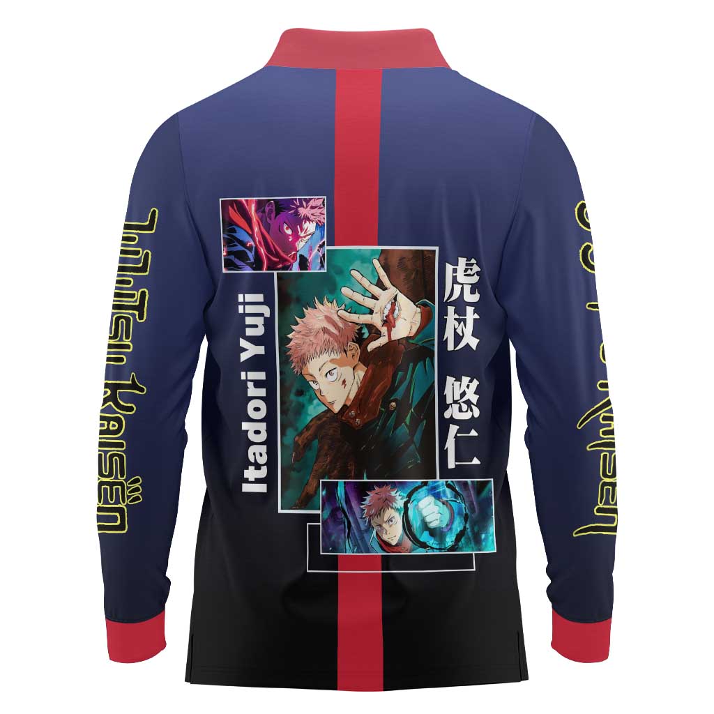 Yuji Itadori from Jujutsu Kaisen Long Sleeve Polo Shirt with Action Pose and Energetic Expressions Design - The Mazicc