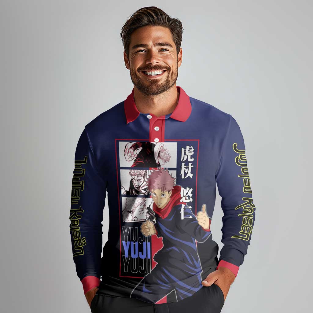 Yuji Itadori from Jujutsu Kaisen Long Sleeve Polo Shirt with Action Pose and Energetic Expressions Design - The Mazicc
