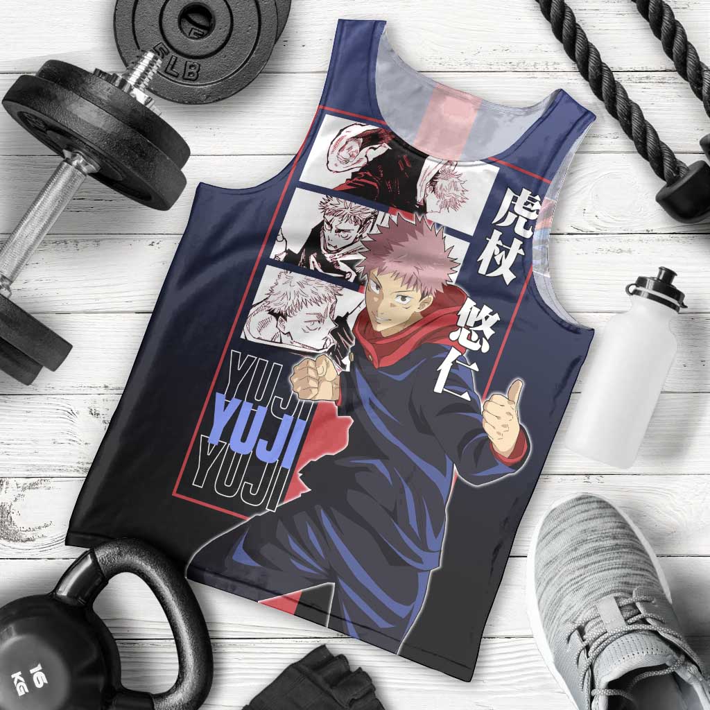 Yuji Itadori from Jujutsu Kaisen Men Tank Top with Action Pose and Energetic Expressions Design - The Mazicc