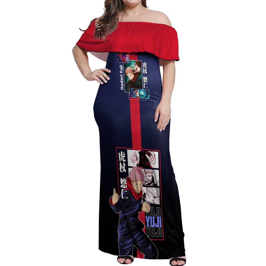 Yuji Itadori from Jujutsu Kaisen Off Shoulder Maxi Dress with Action Pose and Energetic Expressions Design - The Mazicc