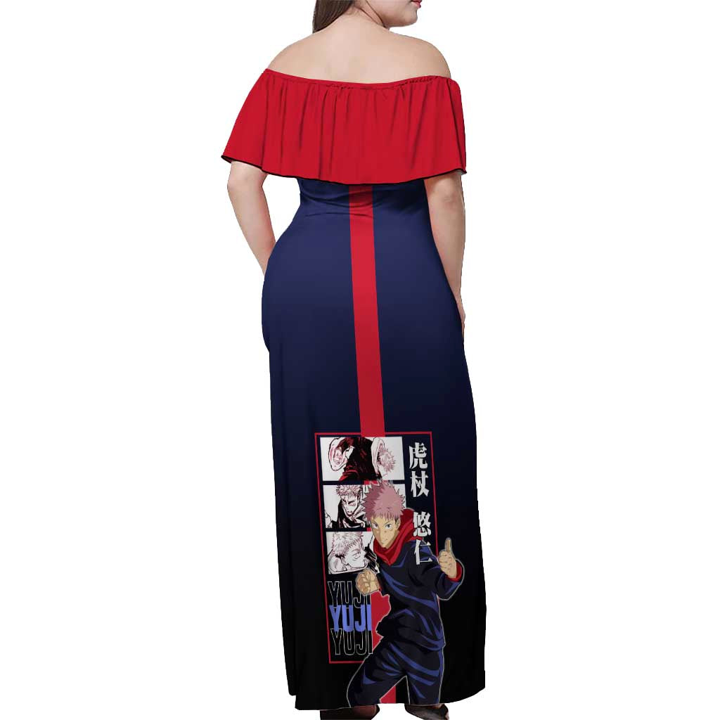 Yuji Itadori from Jujutsu Kaisen Off Shoulder Maxi Dress with Action Pose and Energetic Expressions Design - The Mazicc