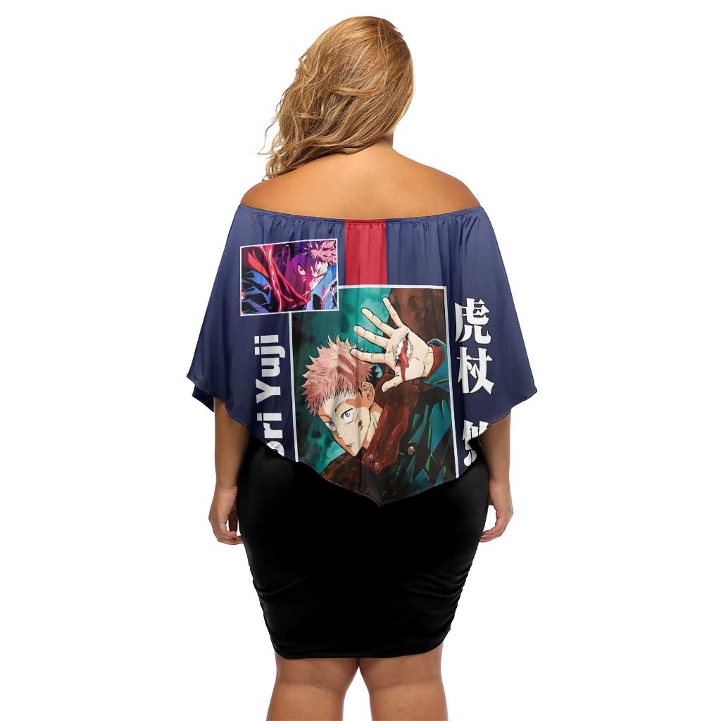 Yuji Itadori from Jujutsu Kaisen Off Shoulder Short Dress with Action Pose and Energetic Expressions Design - The Mazicc