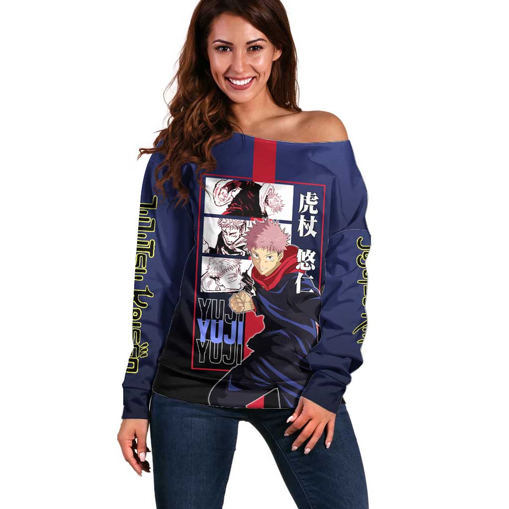 Yuji Itadori from Jujutsu Kaisen Off Shoulder Sweater with Action Pose and Energetic Expressions Design - The Mazicc