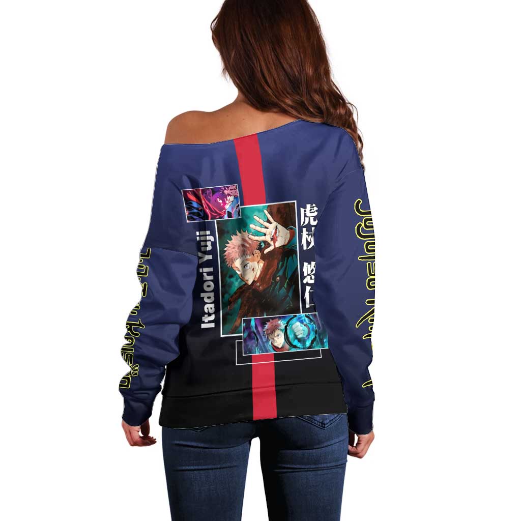 Yuji Itadori from Jujutsu Kaisen Off Shoulder Sweater with Action Pose and Energetic Expressions Design - The Mazicc