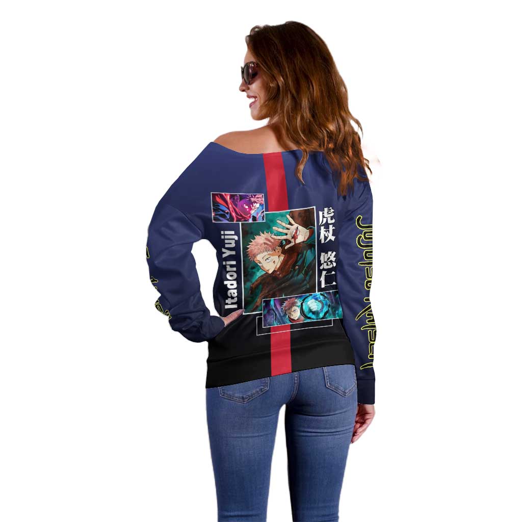 Yuji Itadori from Jujutsu Kaisen Off Shoulder Sweater with Action Pose and Energetic Expressions Design - The Mazicc