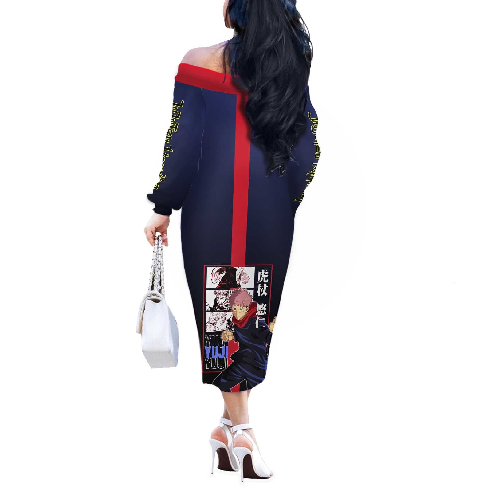 Yuji Itadori from Jujutsu Kaisen Off The Shoulder Long Sleeve Dress with Action Pose and Energetic Expressions Design - The Mazicc