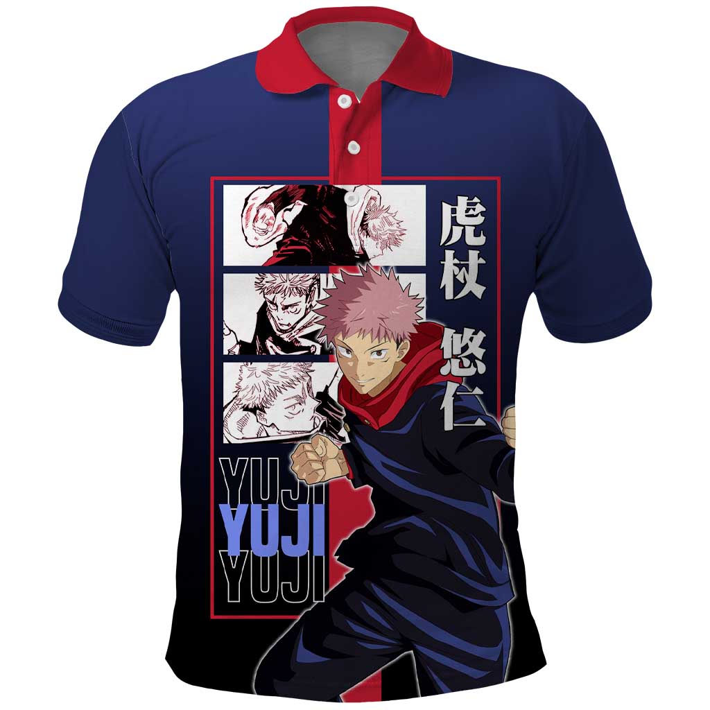 Yuji Itadori from Jujutsu Kaisen Polo Shirt with Action Pose and Energetic Expressions Design - The Mazicc
