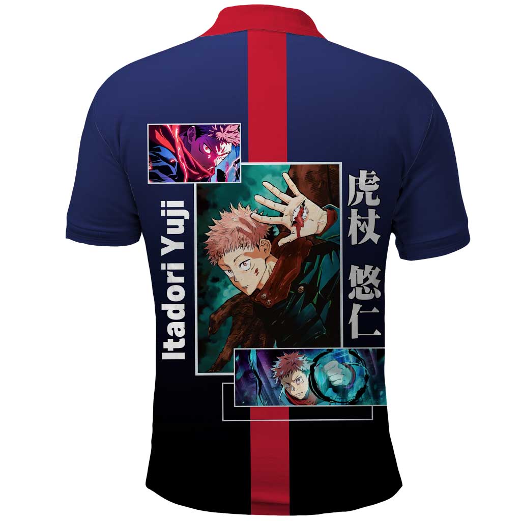 Yuji Itadori from Jujutsu Kaisen Polo Shirt with Action Pose and Energetic Expressions Design - The Mazicc