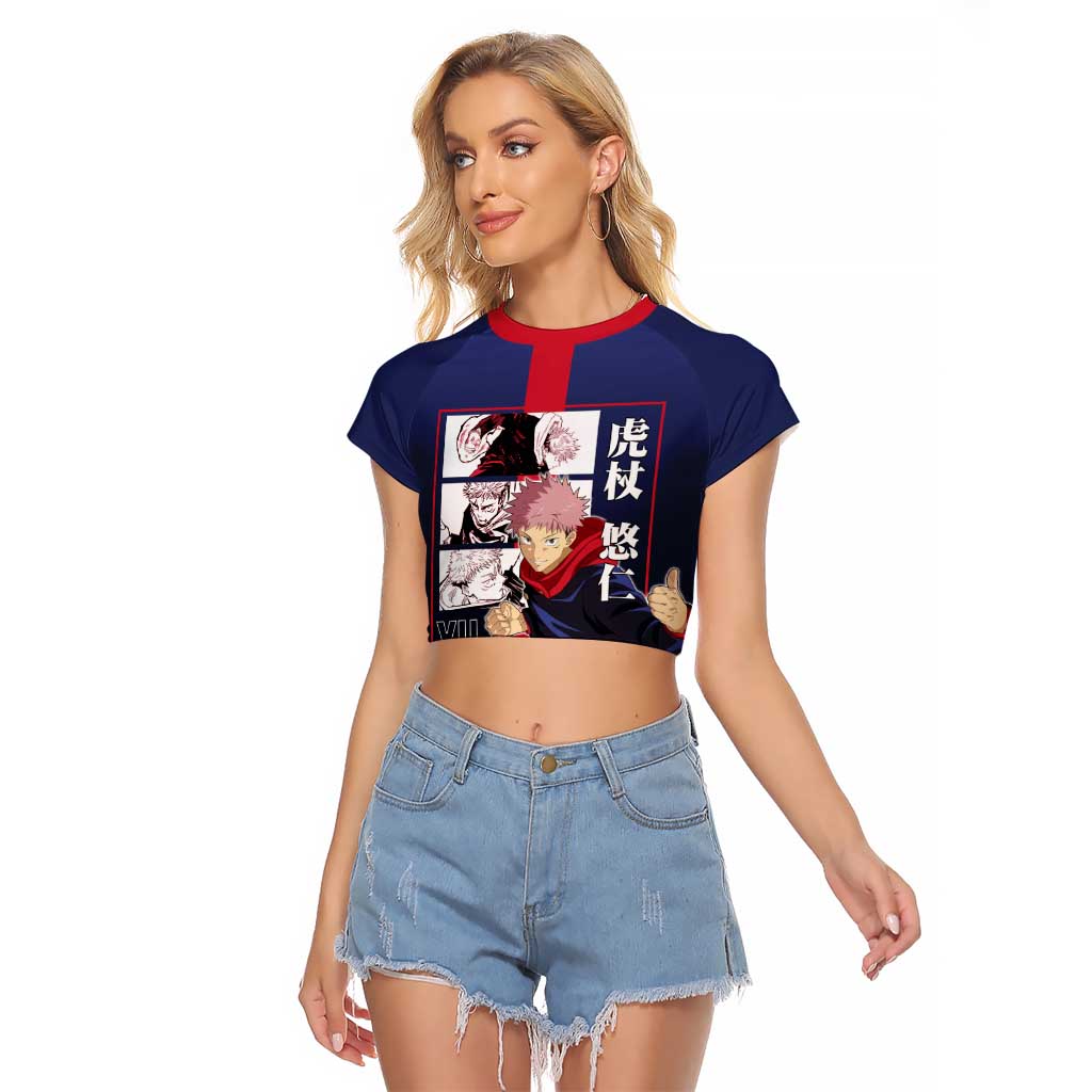 Yuji Itadori from Jujutsu Kaisen Raglan Cropped T Shirt with Action Pose and Energetic Expressions Design - The Mazicc