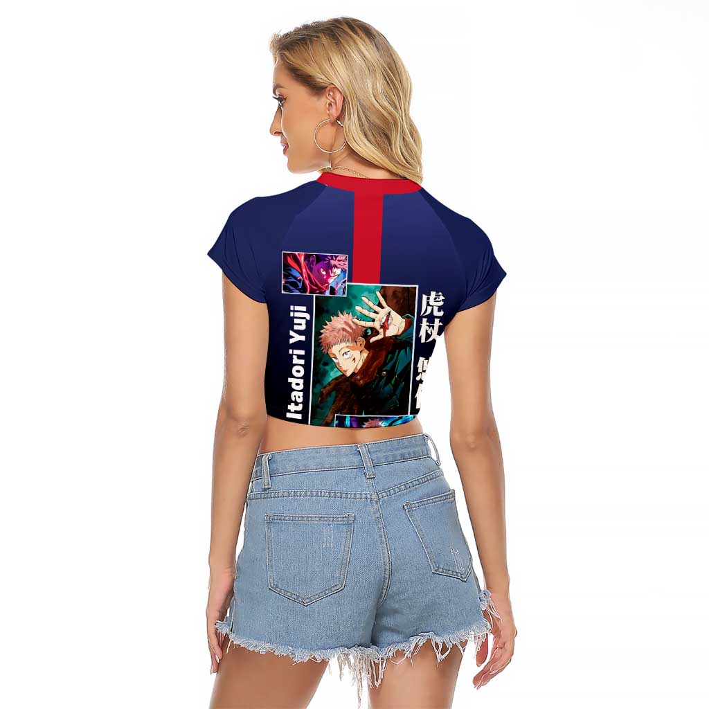 Yuji Itadori from Jujutsu Kaisen Raglan Cropped T Shirt with Action Pose and Energetic Expressions Design - The Mazicc