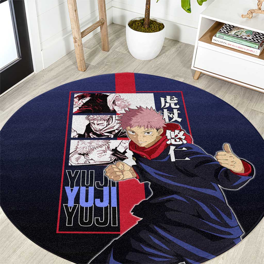 Yuji Itadori from Jujutsu Kaisen Round Carpet with Action Pose and Energetic Expressions Design - The Mazicc