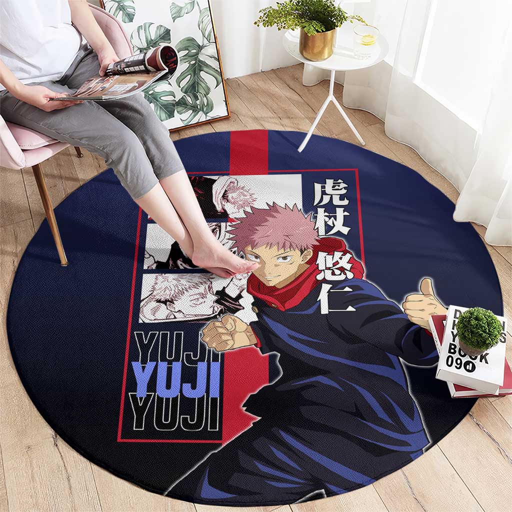 Yuji Itadori from Jujutsu Kaisen Round Carpet with Action Pose and Energetic Expressions Design - The Mazicc