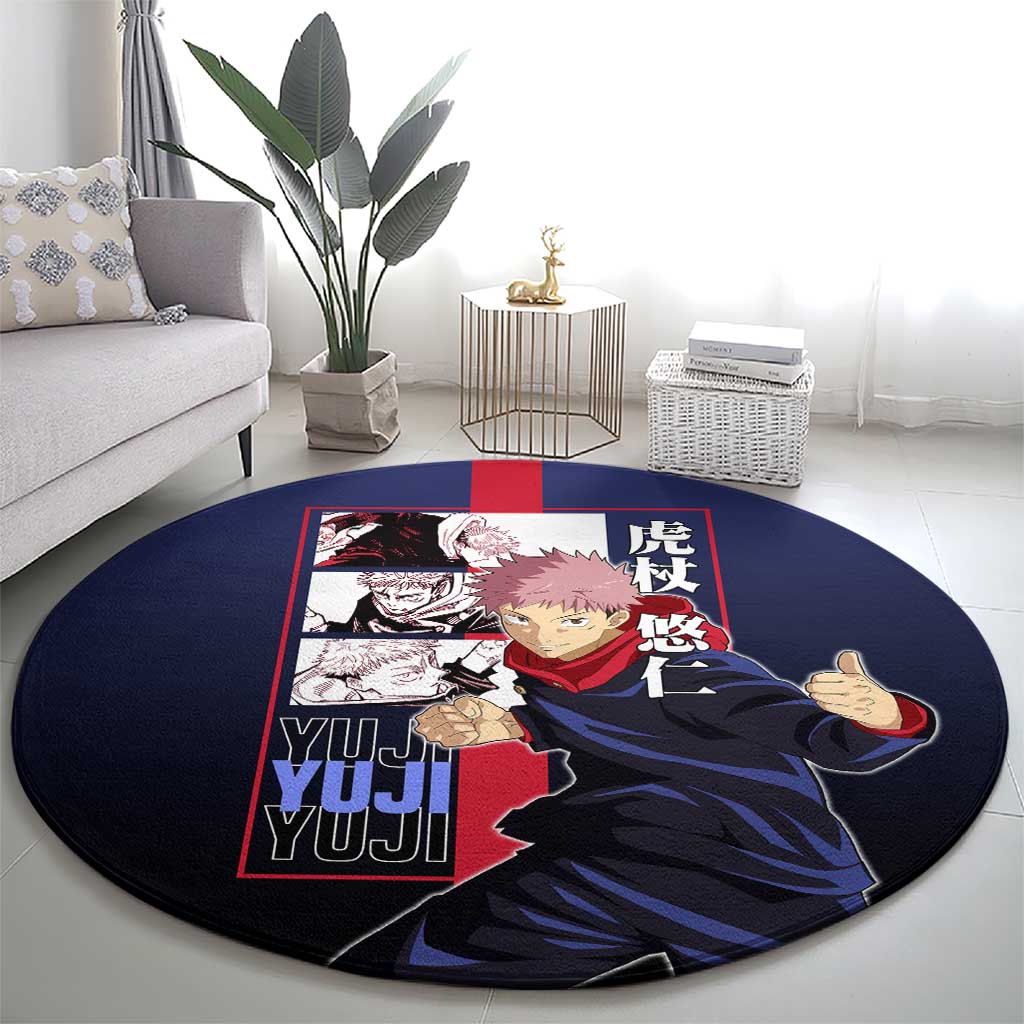 Yuji Itadori from Jujutsu Kaisen Round Carpet with Action Pose and Energetic Expressions Design - The Mazicc