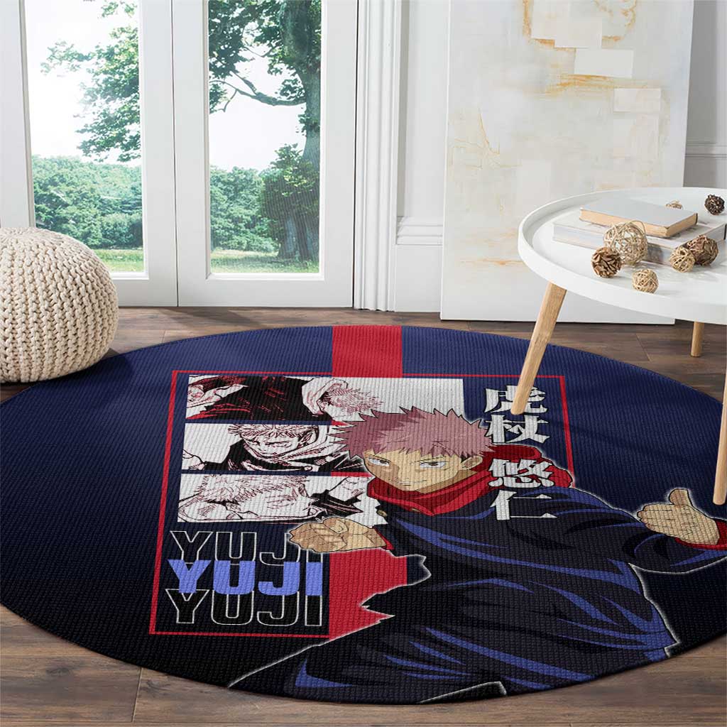 Yuji Itadori from Jujutsu Kaisen Round Carpet with Action Pose and Energetic Expressions Design - The Mazicc