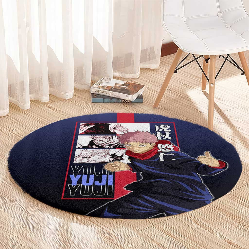 Yuji Itadori from Jujutsu Kaisen Round Carpet with Action Pose and Energetic Expressions Design - The Mazicc