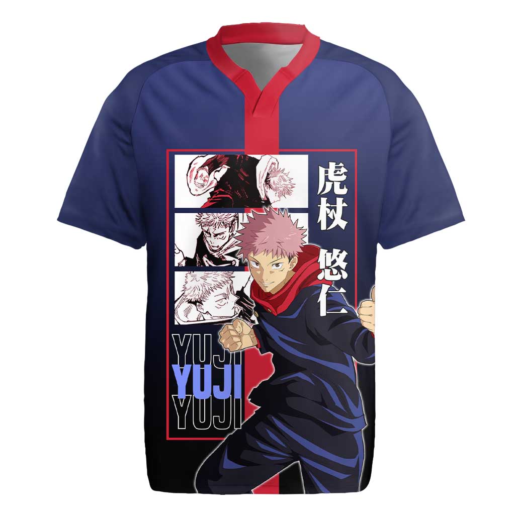 Yuji Itadori from Jujutsu Kaisen Rugby Jersey with Action Pose and Energetic Expressions Design - The Mazicc