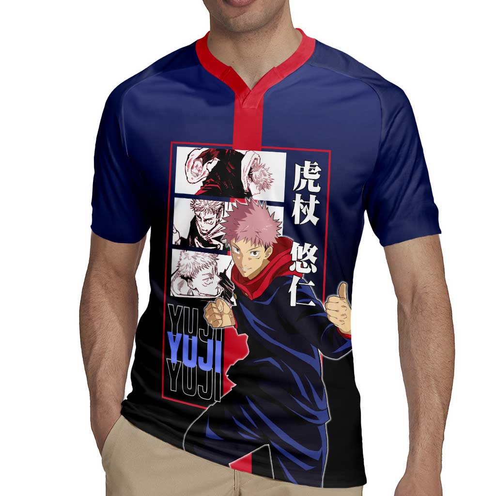 Yuji Itadori from Jujutsu Kaisen Rugby Jersey with Action Pose and Energetic Expressions Design - The Mazicc