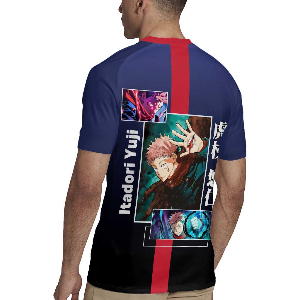 Yuji Itadori from Jujutsu Kaisen Rugby Jersey with Action Pose and Energetic Expressions Design - The Mazicc