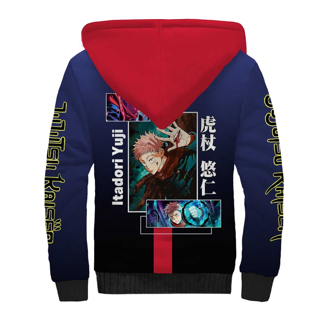 Yuji Itadori from Jujutsu Kaisen Sherpa Hoodie with Action Pose and Energetic Expressions Design - The Mazicc