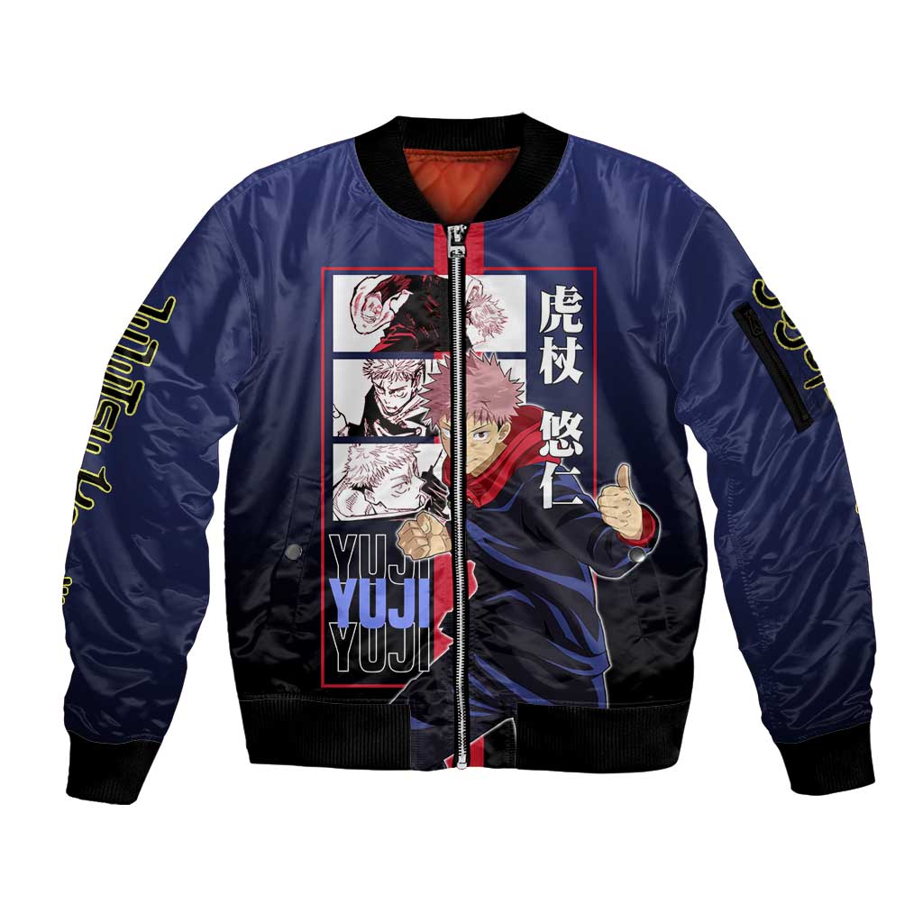 Yuji Itadori from Jujutsu Kaisen Sleeve Zip Bomber Jacket with Action Pose and Energetic Expressions Design - The Mazicc