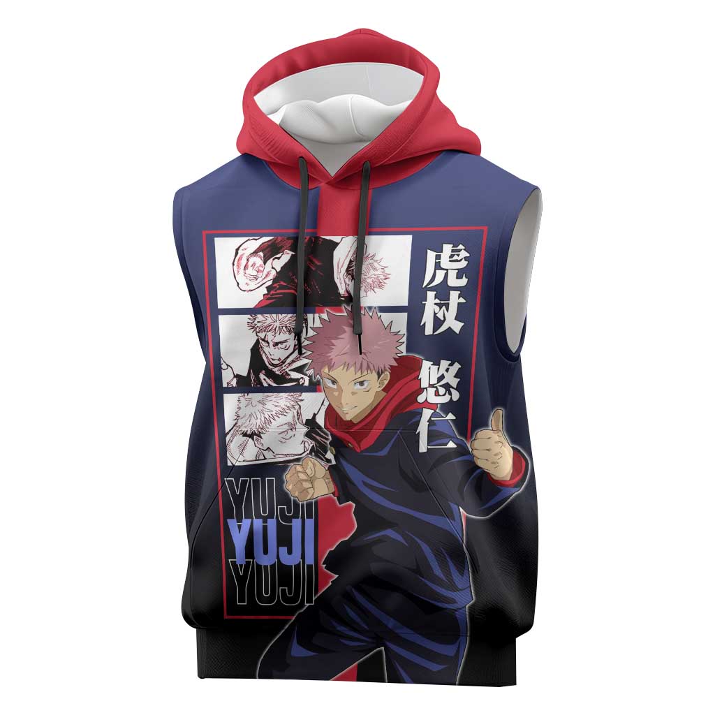 Yuji Itadori from Jujutsu Kaisen Sleeveless Hoodie with Action Pose and Energetic Expressions Design - The Mazicc