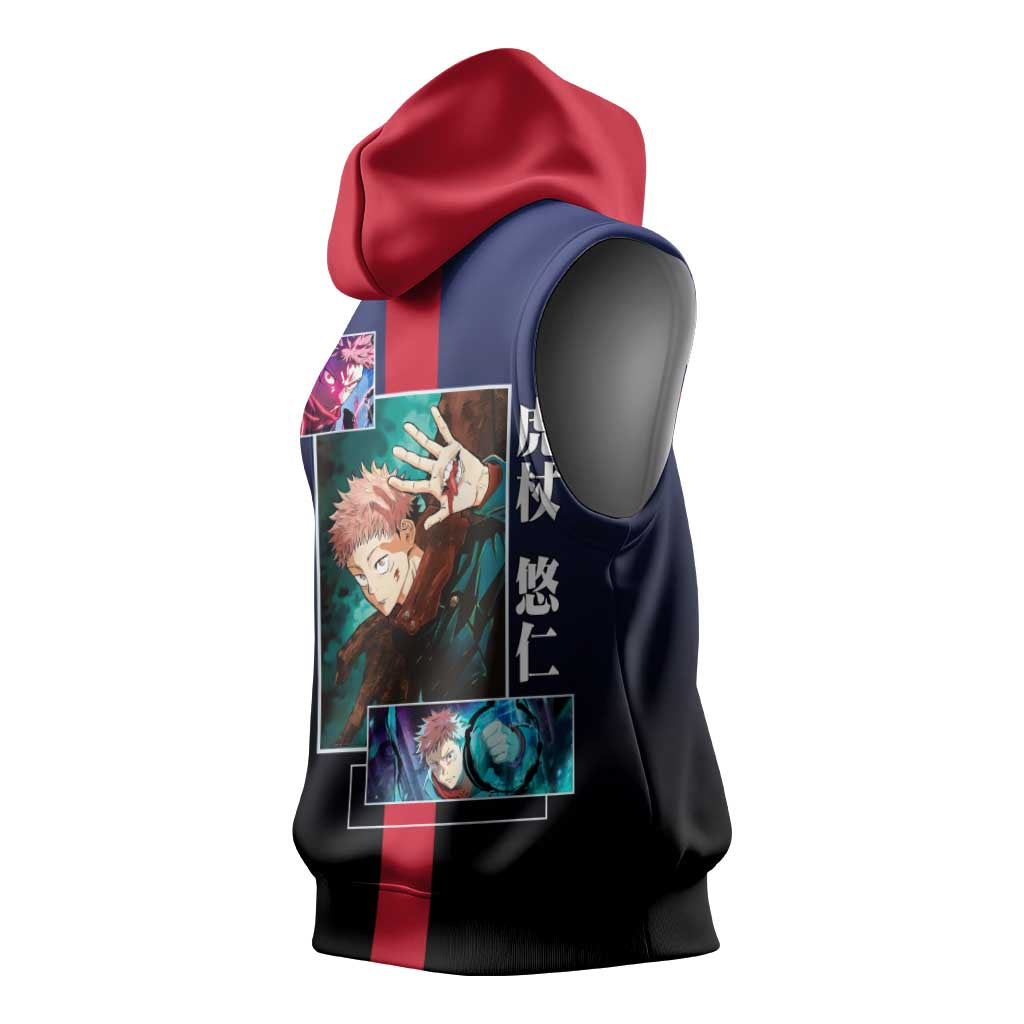 Yuji Itadori from Jujutsu Kaisen Sleeveless Hoodie with Action Pose and Energetic Expressions Design - The Mazicc