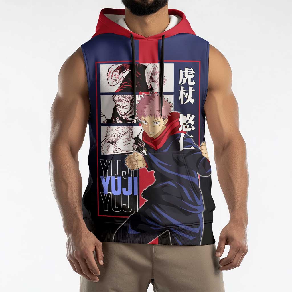 Yuji Itadori from Jujutsu Kaisen Sleeveless Hoodie with Action Pose and Energetic Expressions Design - The Mazicc
