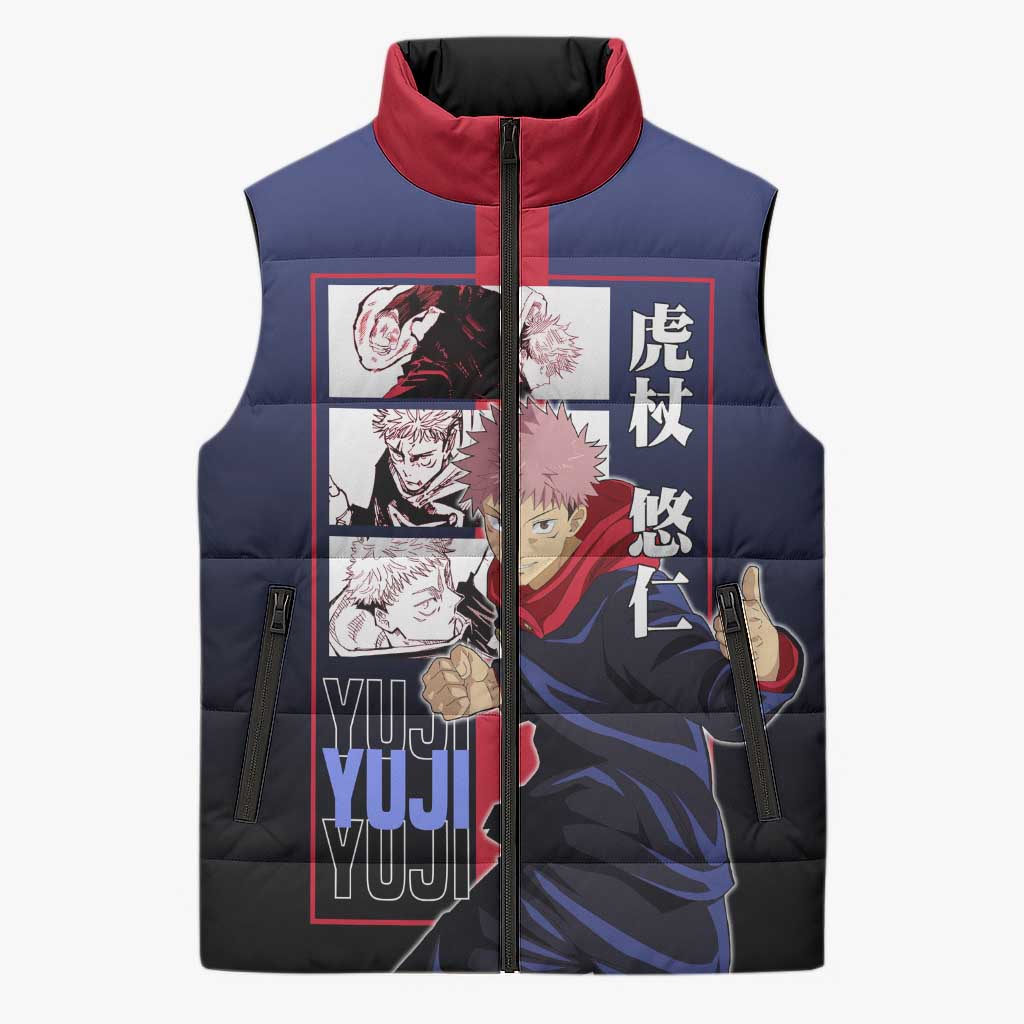 Yuji Itadori from Jujutsu Kaisen Sleeveless Puffer Jacket with Action Pose and Energetic Expressions Design - The Mazicc