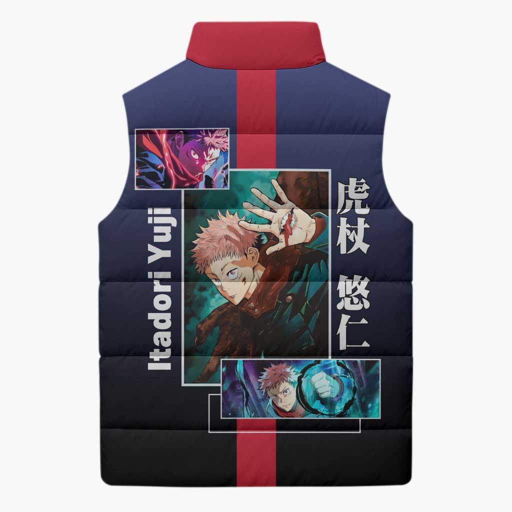 Yuji Itadori from Jujutsu Kaisen Sleeveless Puffer Jacket with Action Pose and Energetic Expressions Design - The Mazicc