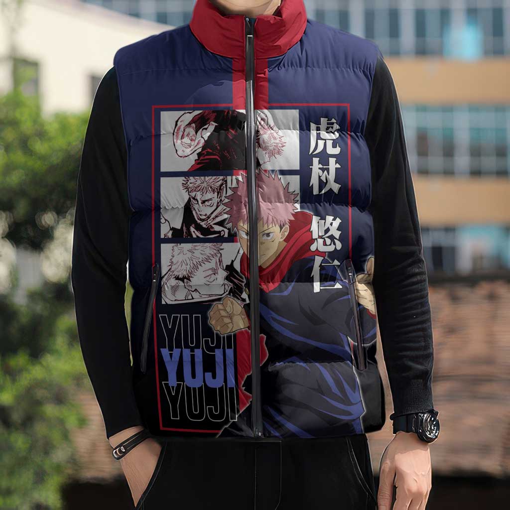 Yuji Itadori from Jujutsu Kaisen Sleeveless Puffer Jacket with Action Pose and Energetic Expressions Design - The Mazicc