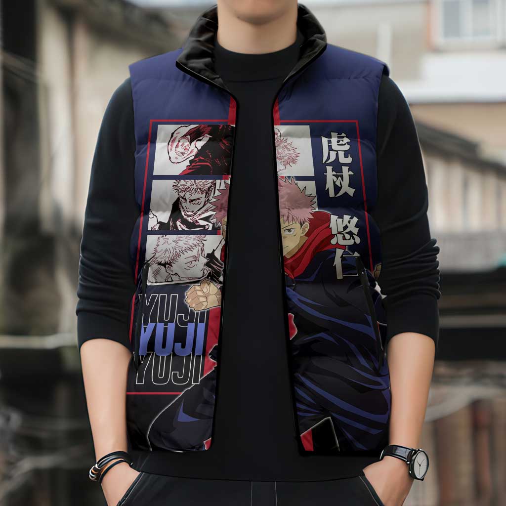 Yuji Itadori from Jujutsu Kaisen Sleeveless Puffer Jacket with Action Pose and Energetic Expressions Design - The Mazicc