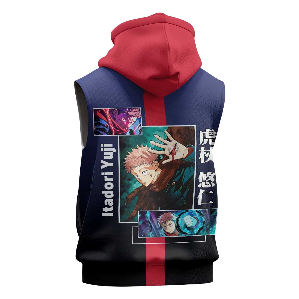 Yuji Itadori from Jujutsu Kaisen Sleeveless Zip Hoodie with Action Pose and Energetic Expressions Design - The Mazicc