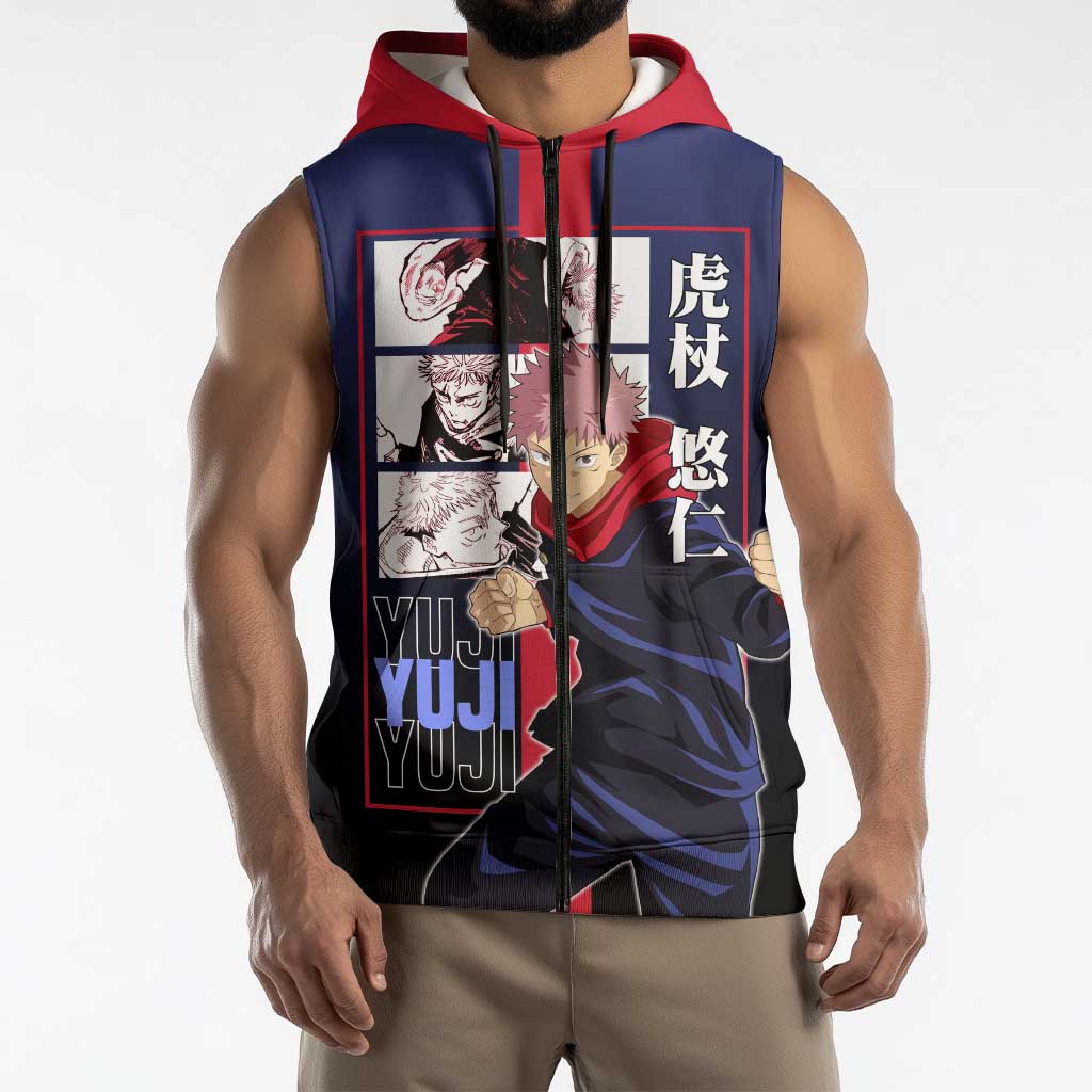 Yuji Itadori from Jujutsu Kaisen Sleeveless Zip Hoodie with Action Pose and Energetic Expressions Design - The Mazicc